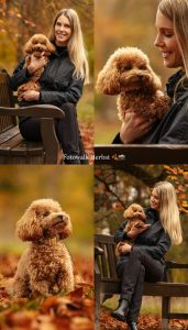 Frau mit Hund beim herbstlichen Fotoshooting im Kurpark Bad Mergentheim 